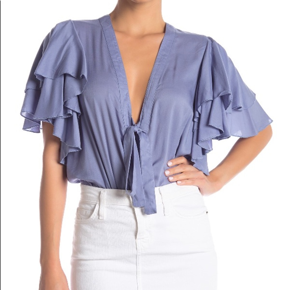 FREE PEOPLE BLUE SHORT SLEEVE RUFFLE BODYSUIT